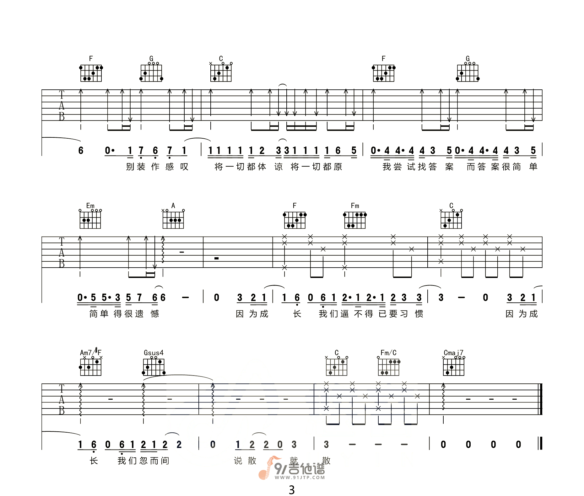 袁娅维_说散就散_吉他谱_C调指法原版编配_民谣吉他弹唱六线谱