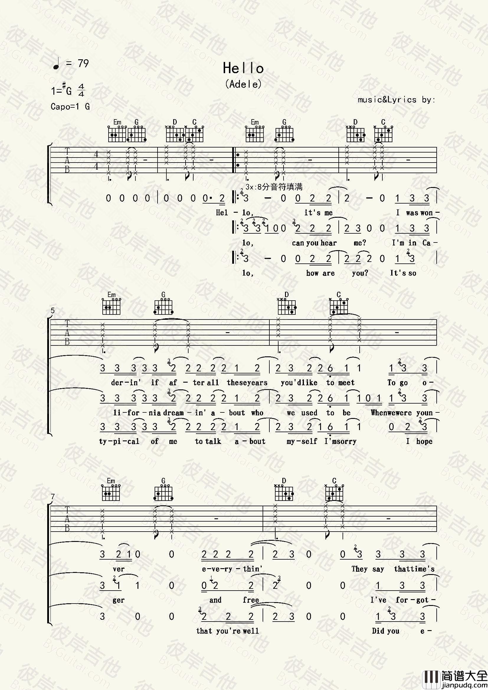 Hello吉他谱_Adele_G调指法原版编配