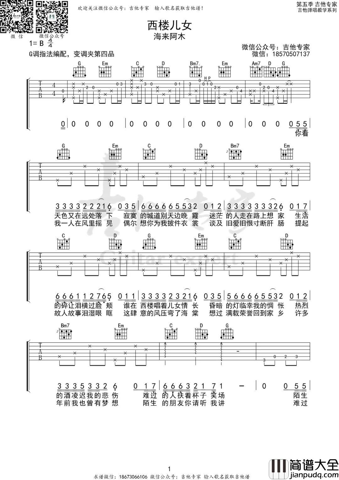 西楼儿女吉他谱_海来阿木_G调原版编配
