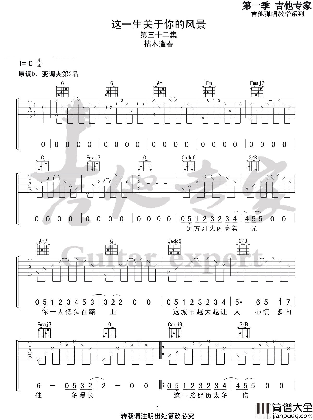 这一生关于你的风景吉他谱_枯木逢春_C调原版