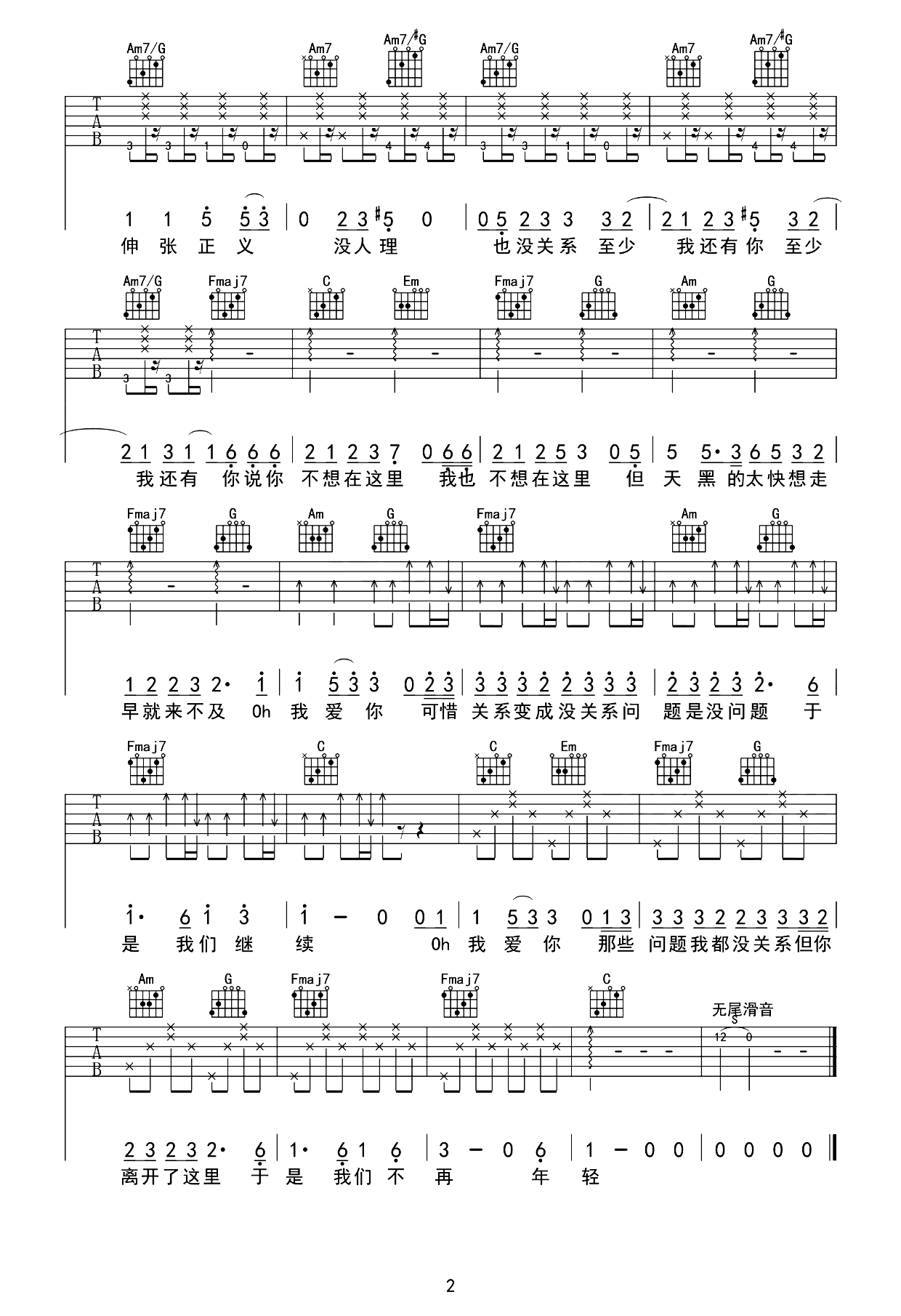 但吉他谱_草东没有派对_C调弹唱六线谱