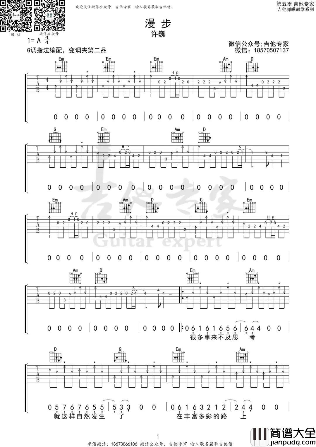 漫步吉他谱_许巍_G调切音扫弦版