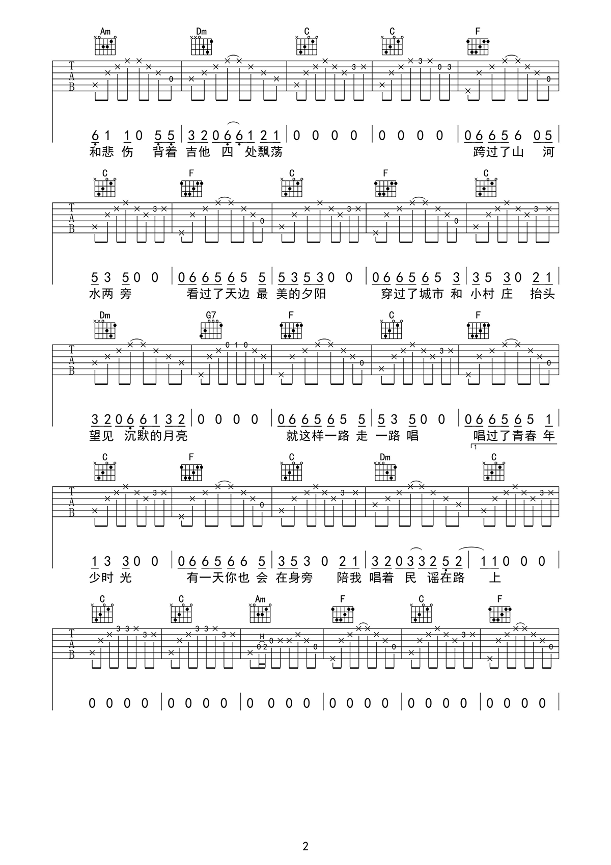 _民谣在路上_吉他谱_前冲乐队_G调弹唱六线谱_高清图片谱