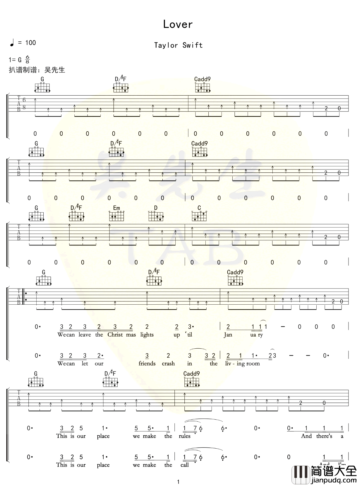 Lover吉他谱_Taylor_Swift_G调指法原版编配