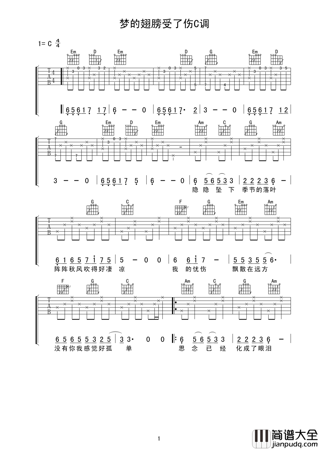 梦的翅膀受了伤吉他谱_蒋雪儿_C调原版