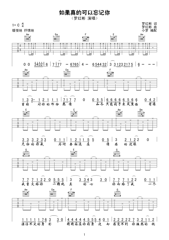 如果真的可以忘记你|吉他谱|图片谱|高清|罗红彬