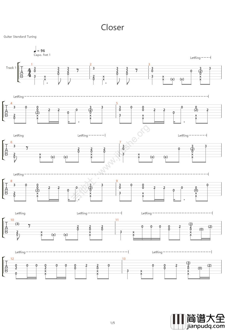 Closer指弹吉他谱_烟鬼组合_吉他独奏六线谱_吉他指弹谱