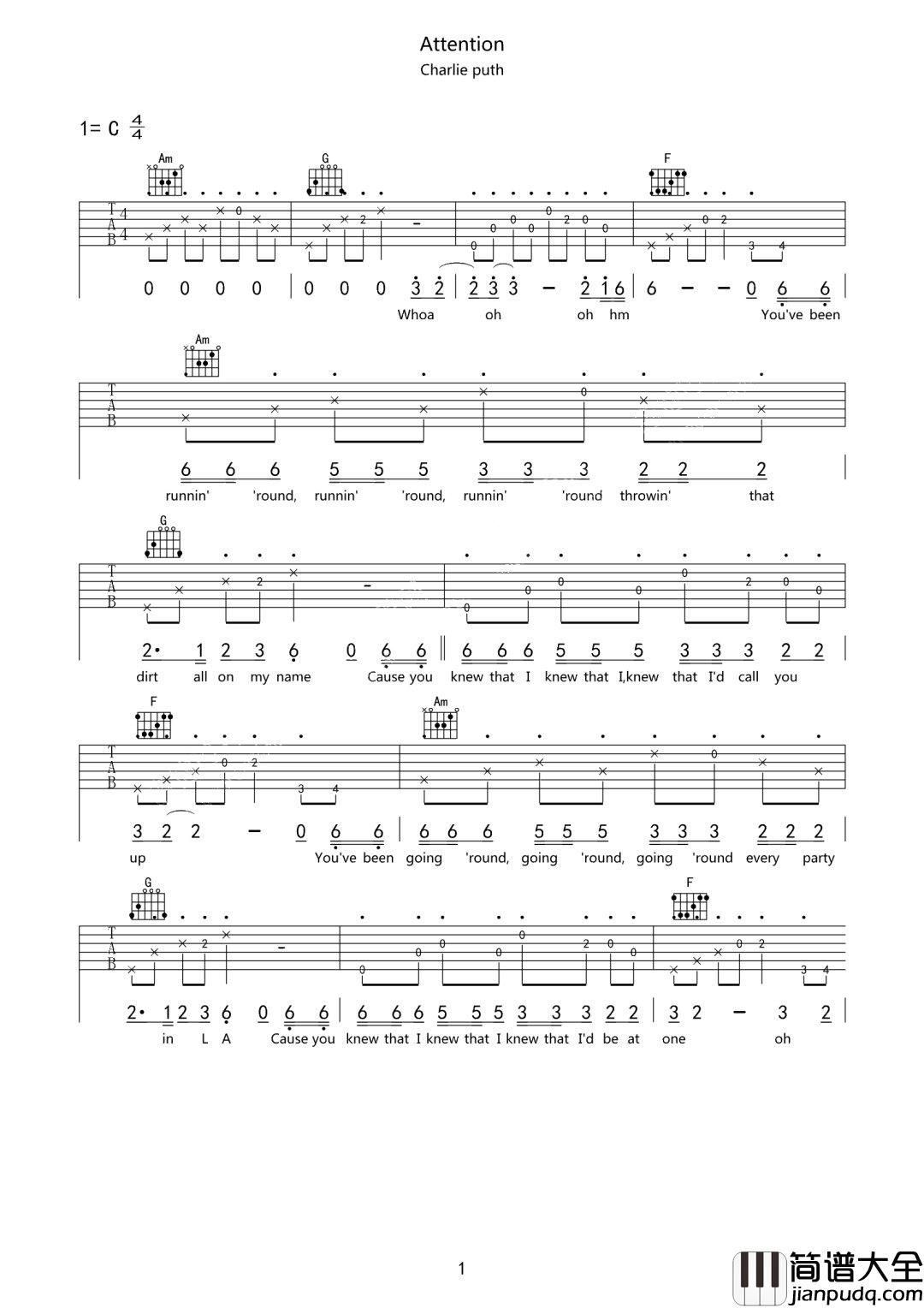 Attention吉他谱_Charlie_Puth_C调指法编配