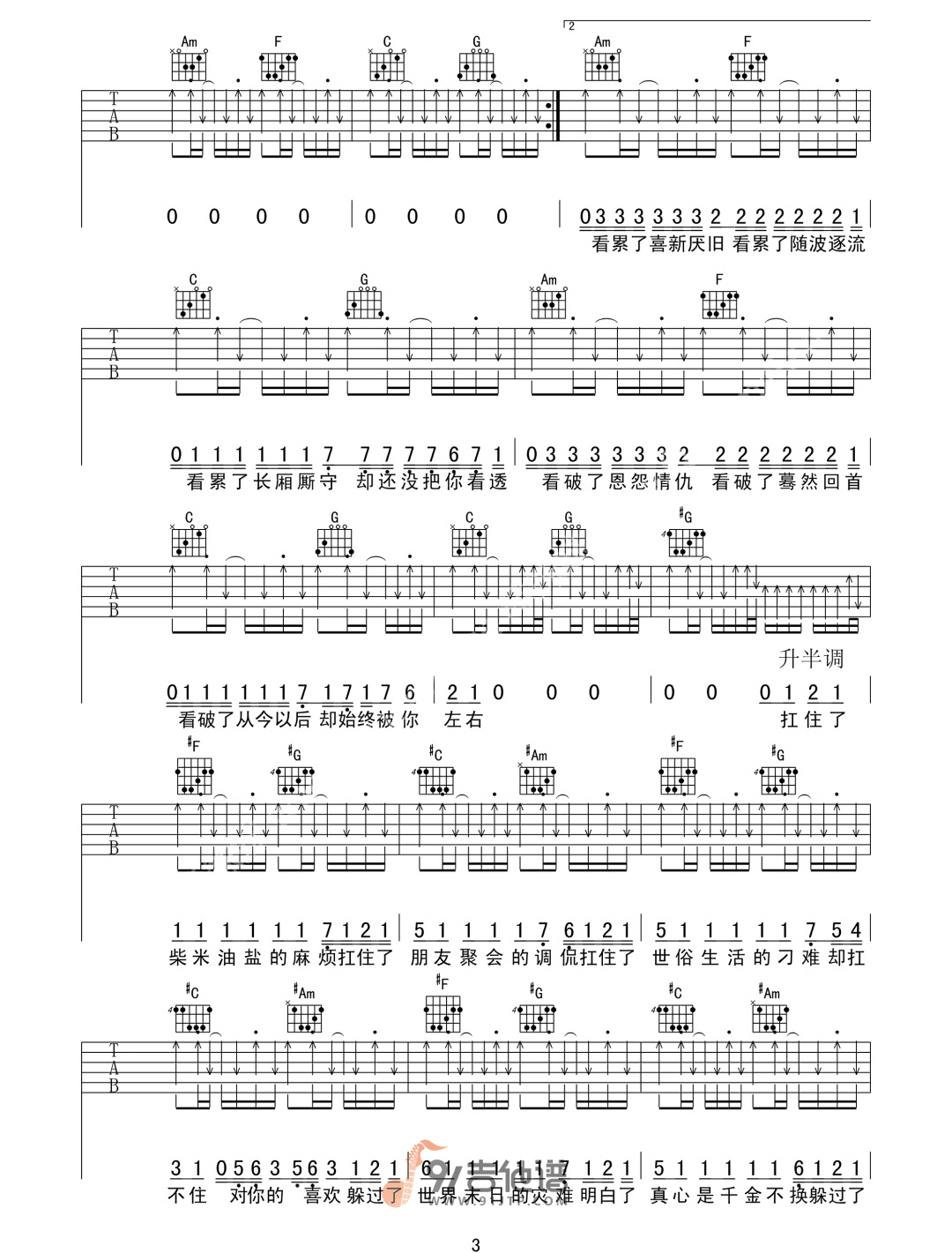 阿肆_喜欢_吉他谱_C调指法原版编配_民谣吉他弹唱六线谱