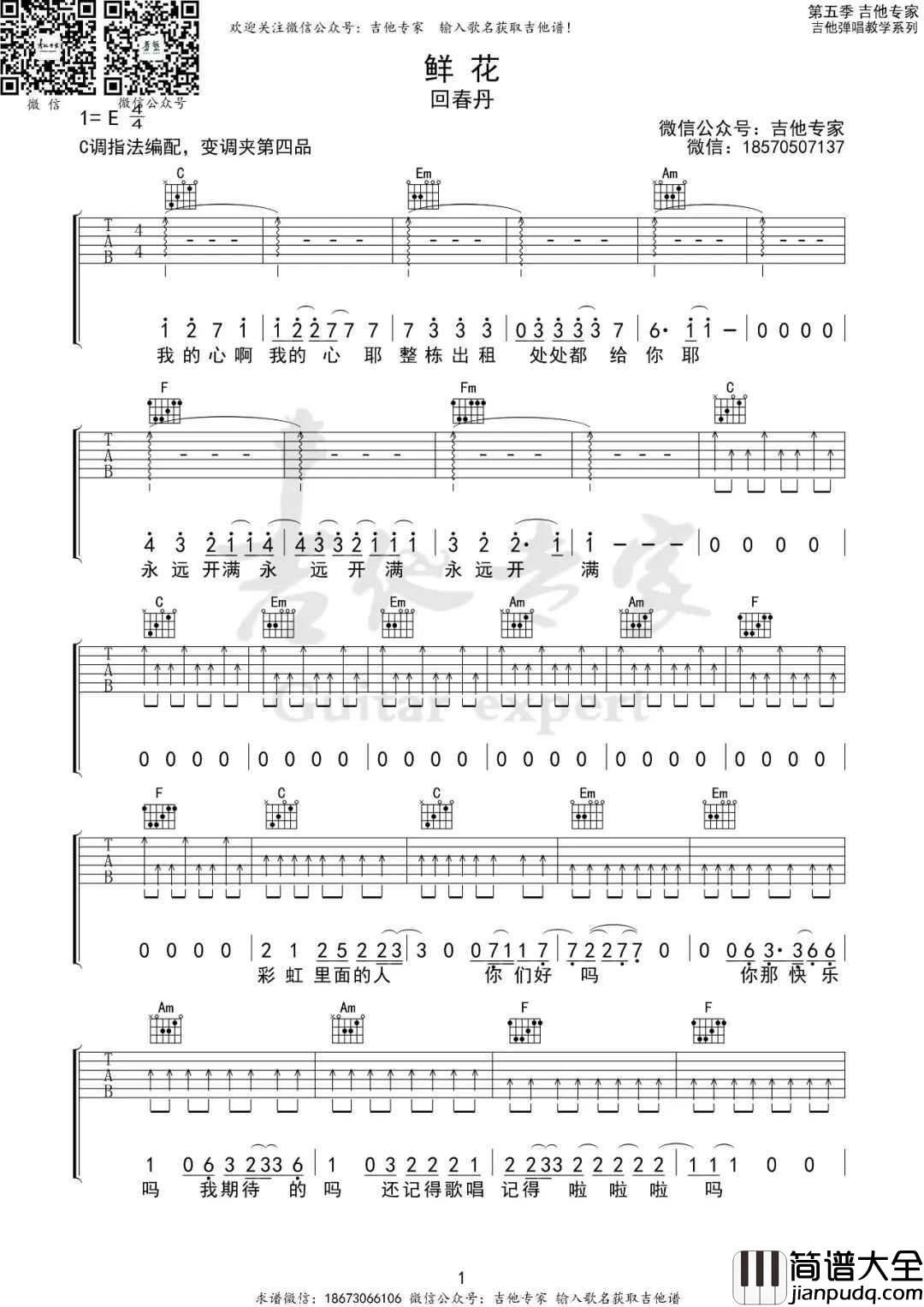 鲜花吉他谱_回春丹乐队_C调指法扫弦版