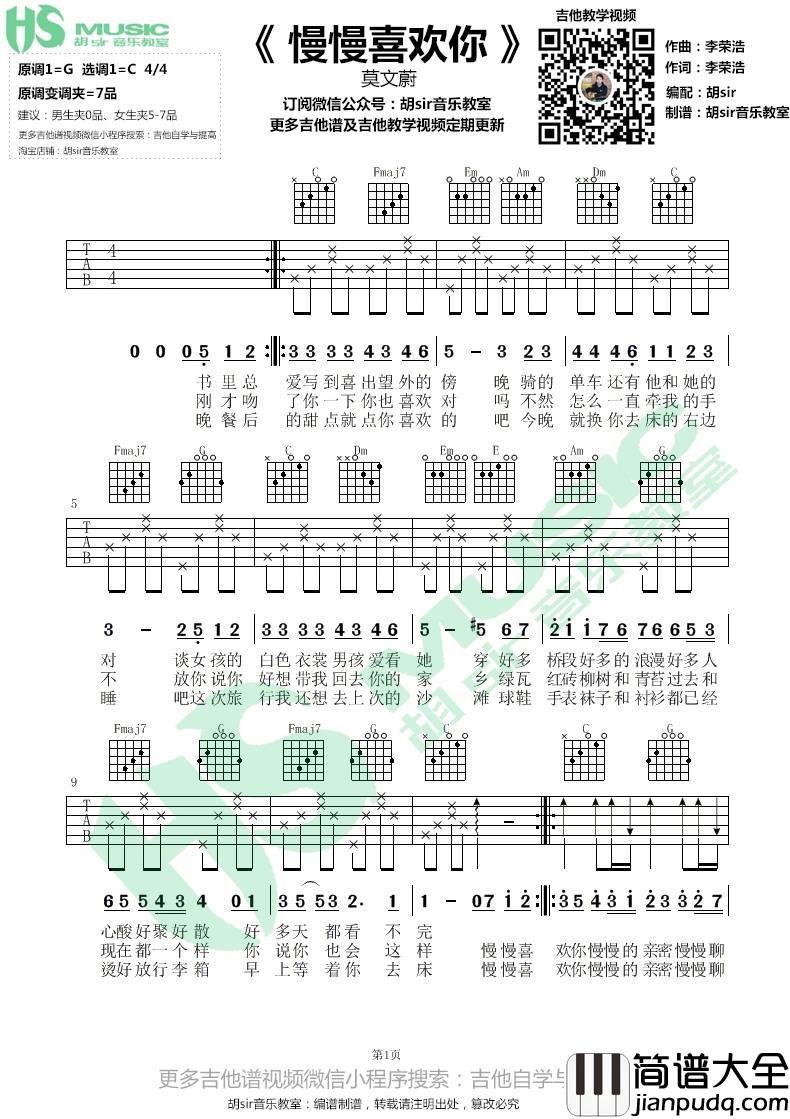 慢慢喜欢你吉他谱_莫文蔚_C调指法简单版