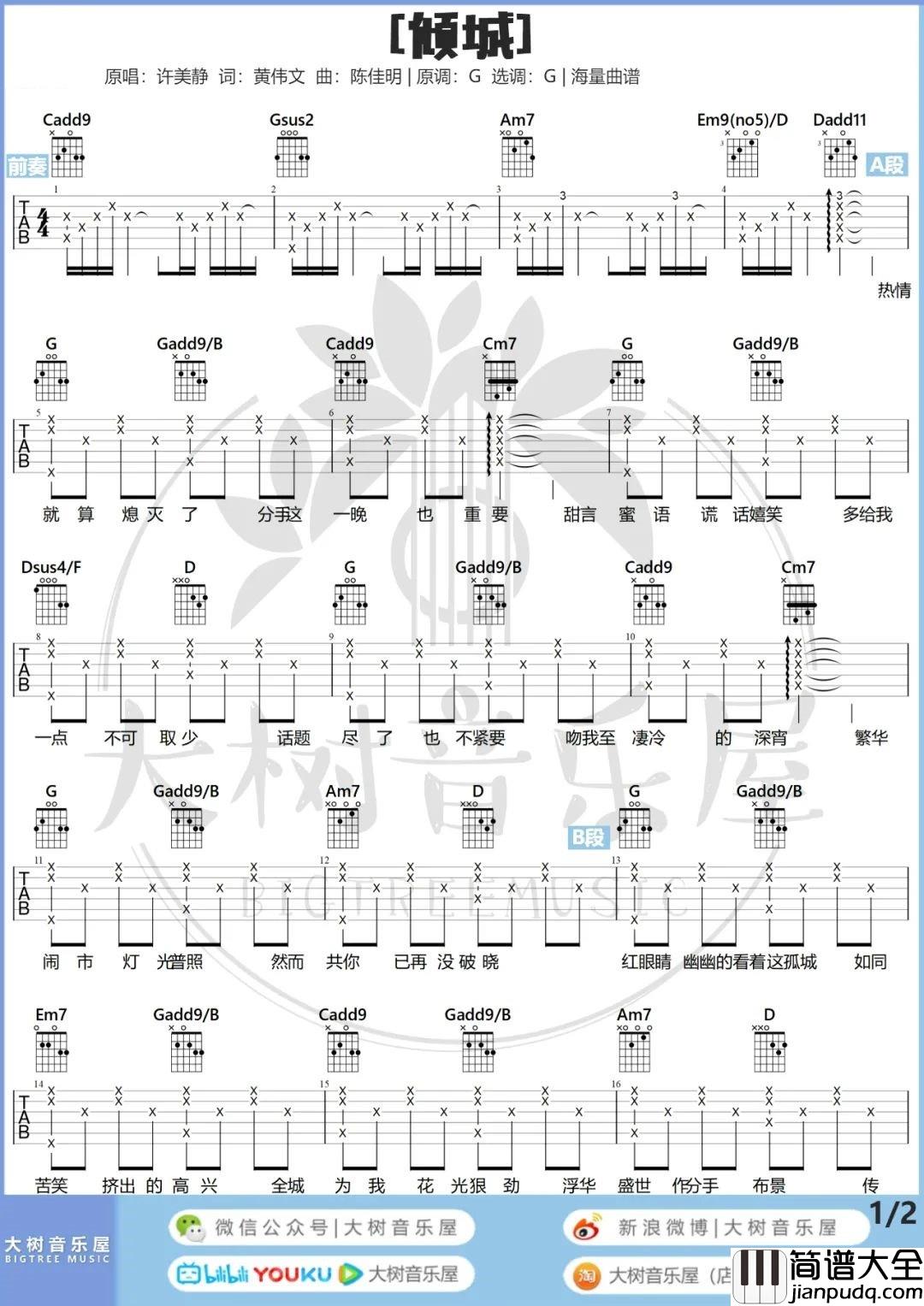 倾城吉他谱_陈奕迅/许美静_G调原版六线谱_吉他弹唱教学