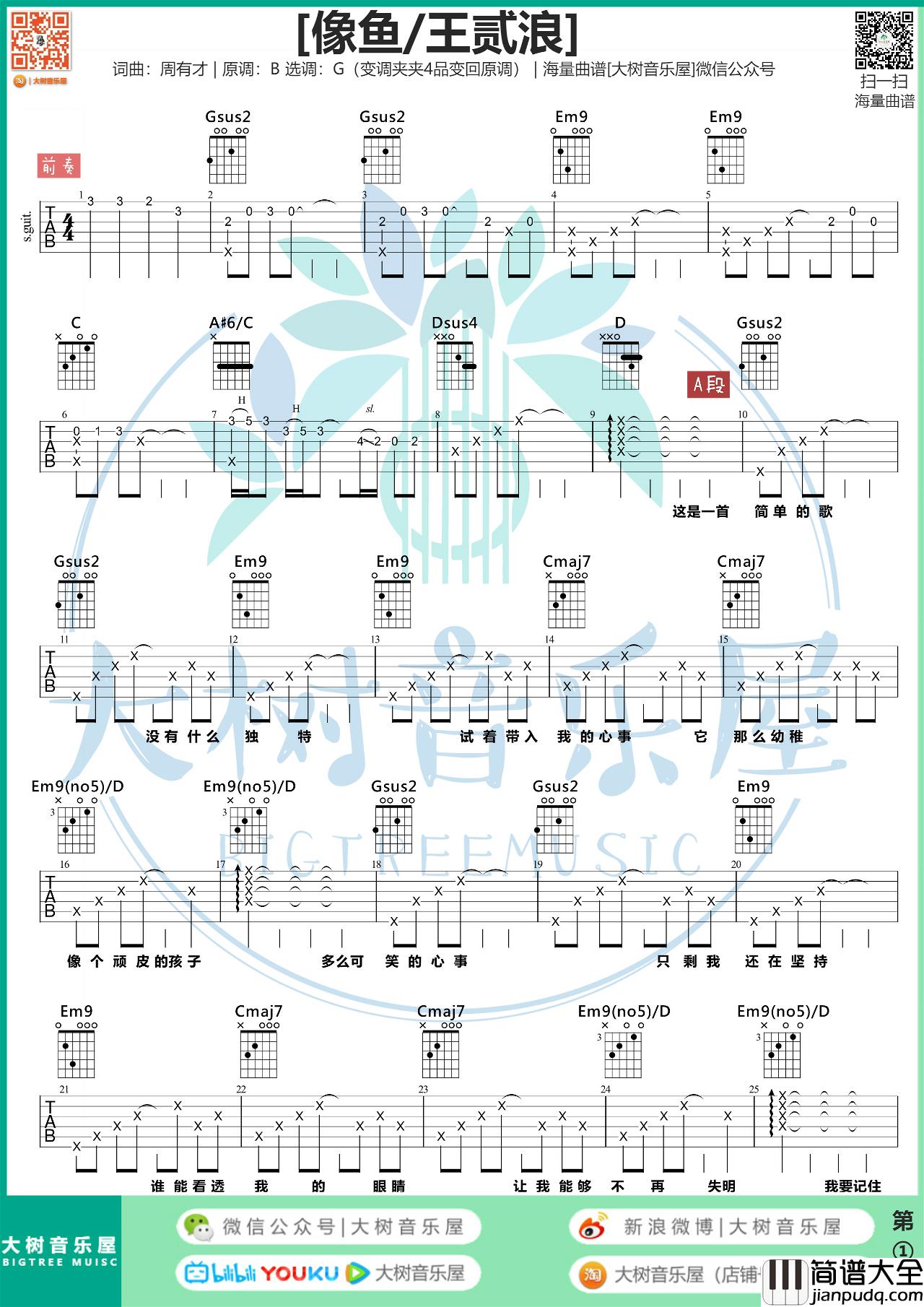 像鱼吉他谱_王贰浪_像鱼G调指法版吉他六线谱