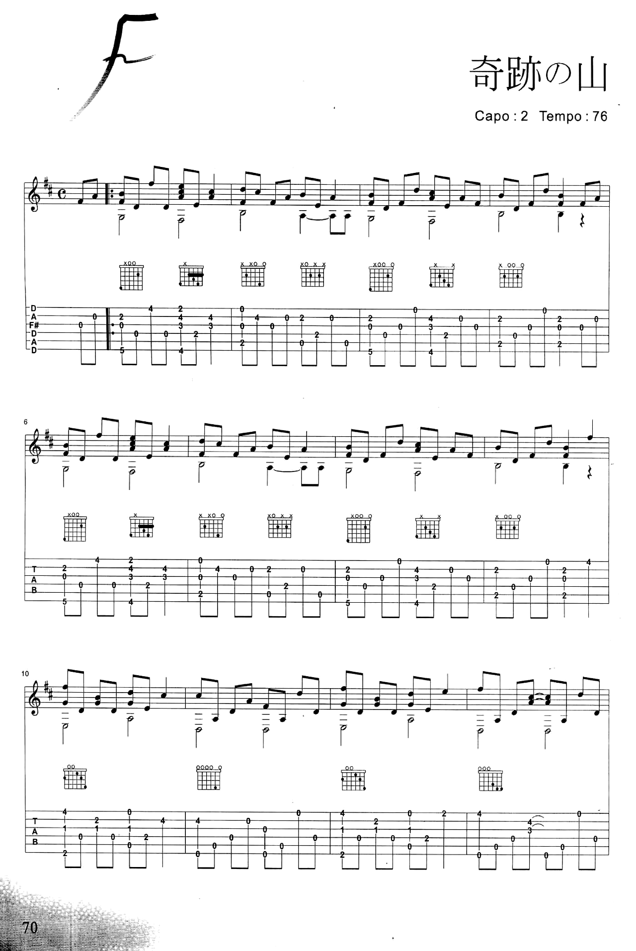 奇迹的山指弹吉他谱_岸部真明_独奏六线谱_吉他指弹谱