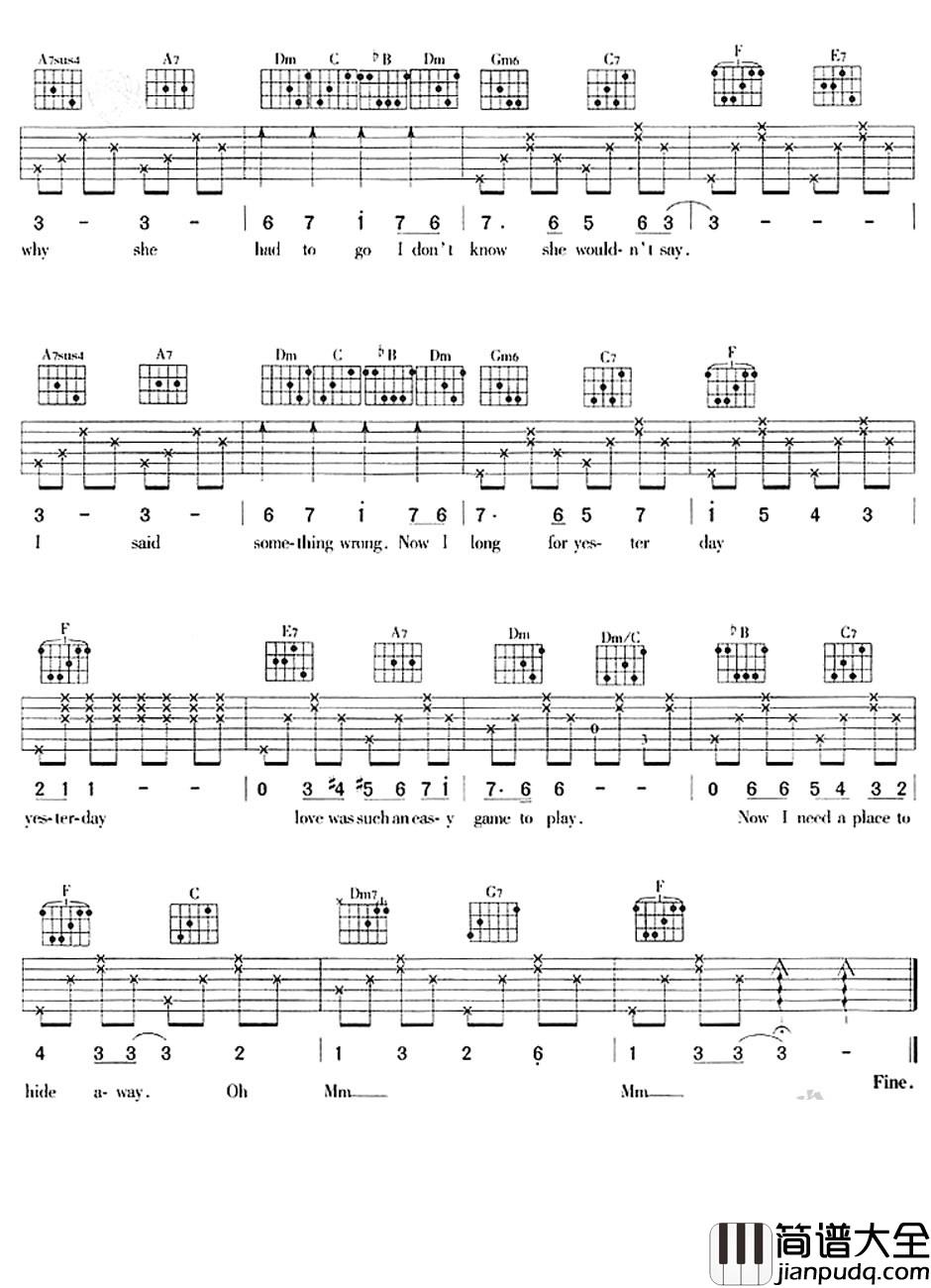 Yesterday_The_beatles披头士_六线谱完整版_吉他谱_Toni_Braxton_吉他图片谱_高清