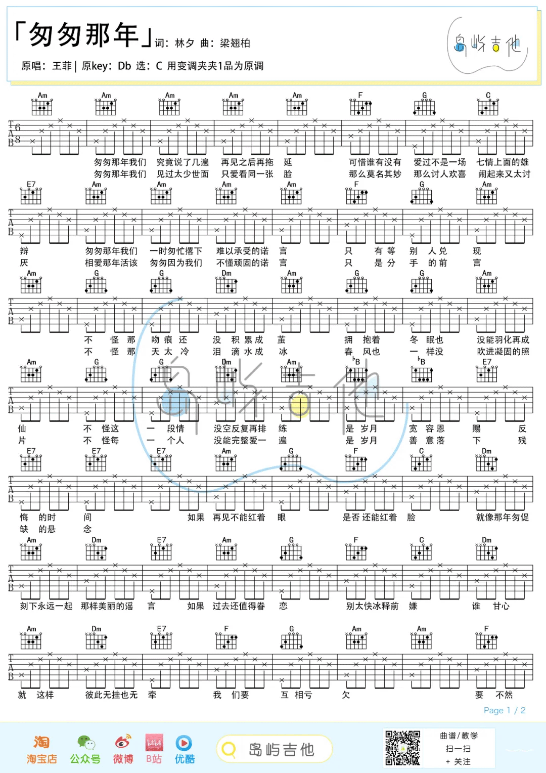 匆匆那年吉他谱_王菲_C调简单版