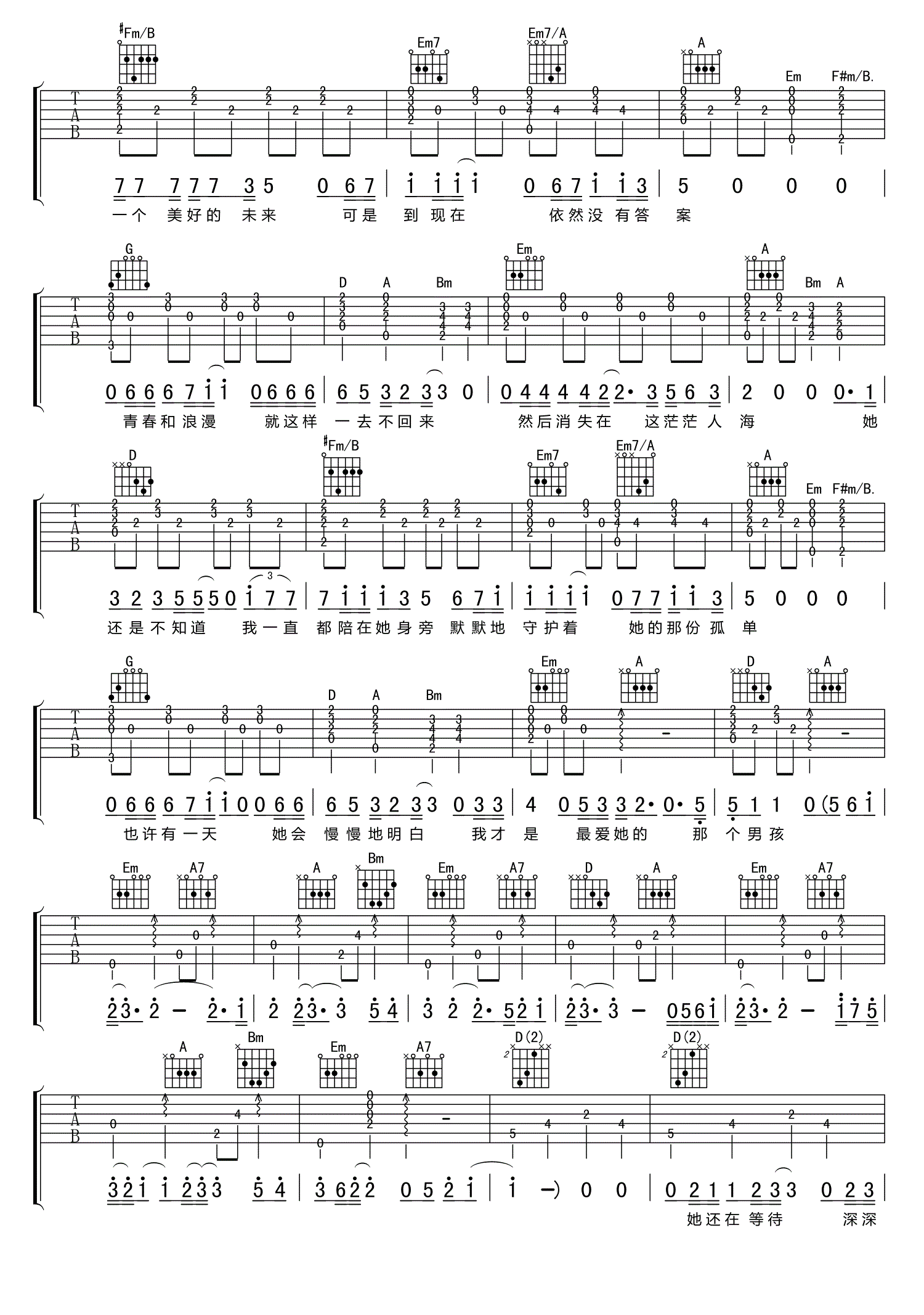 杜小曼_刘小天_D调六线谱标准版_吉他谱_刘小天_吉他图片谱_高清