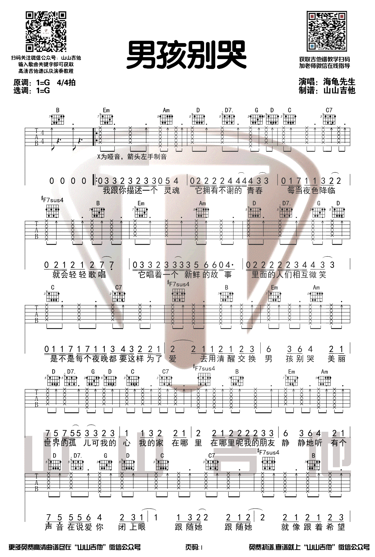 男孩别哭吉他谱_欧阳娜娜_G调指法闷音版