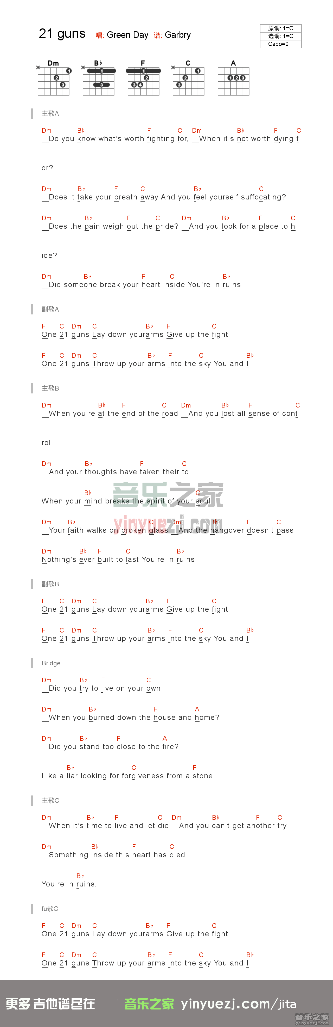 Green Day 21guns吉他谱C调 音乐之家弹唱六线谱