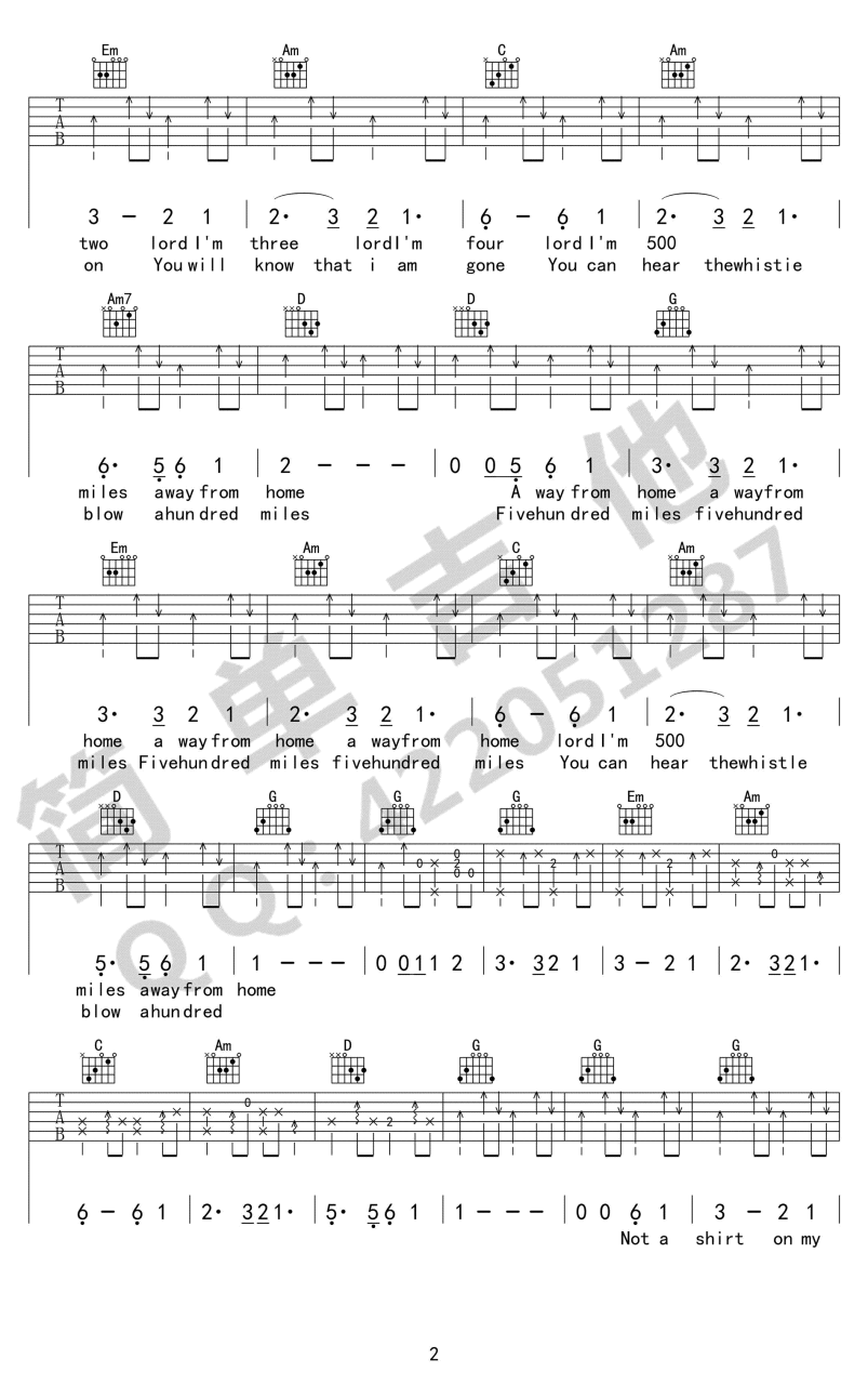 500 Miles吉他谱G调 弹唱六线谱