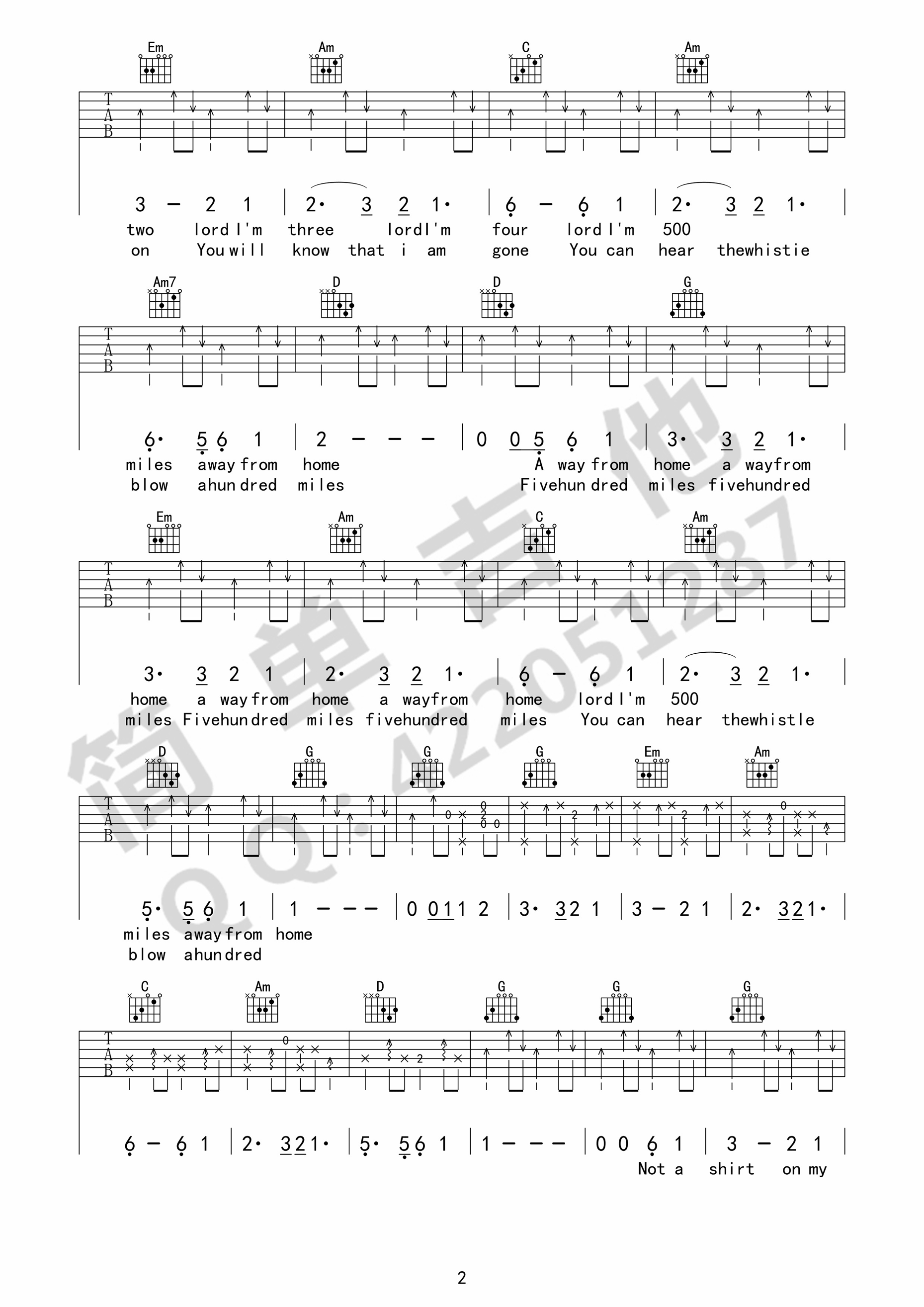 the journeymen 500 miles吉他谱G调 简单吉他弹唱六线谱