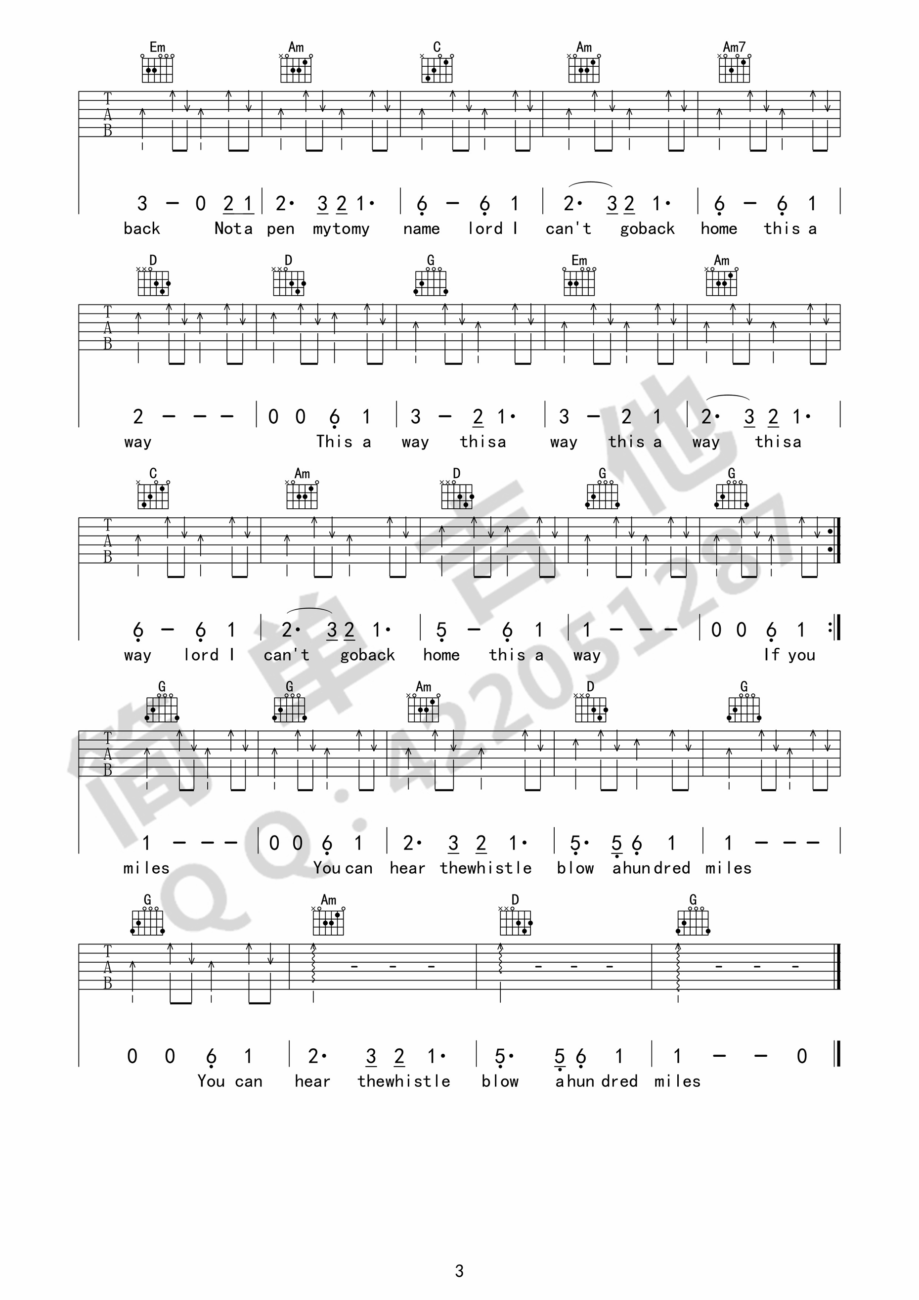 the journeymen 500 miles吉他谱G调 简单吉他弹唱六线谱