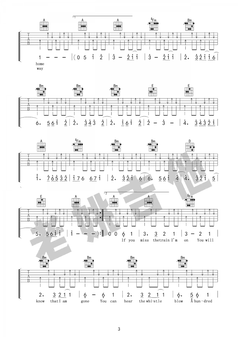 The Journeymen 500 miles吉他谱A调 弹唱六线谱