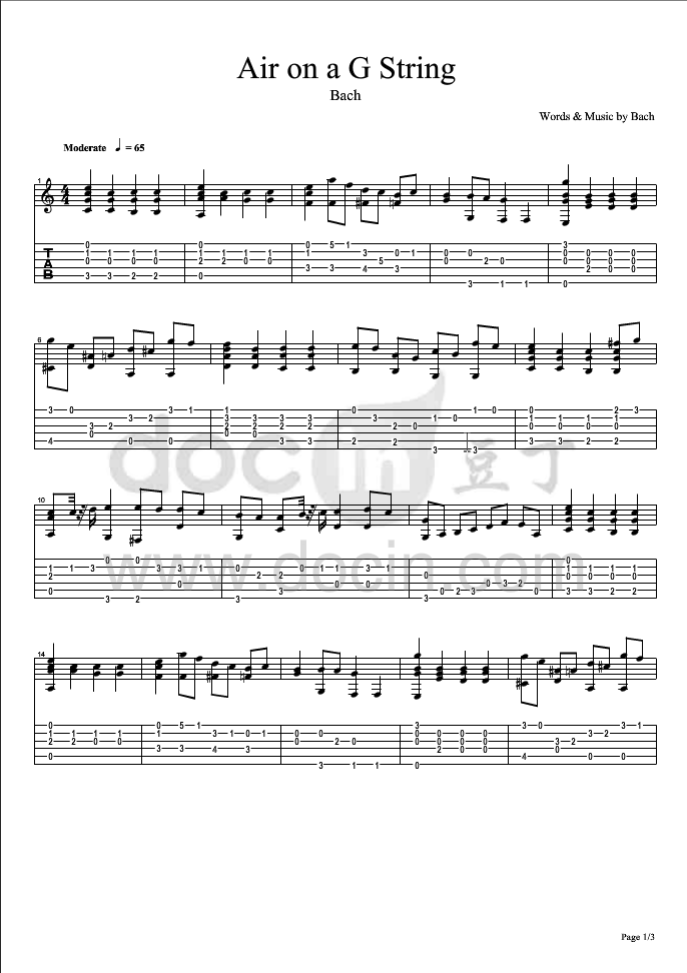 Bach Air On A G String吉他指弹谱
