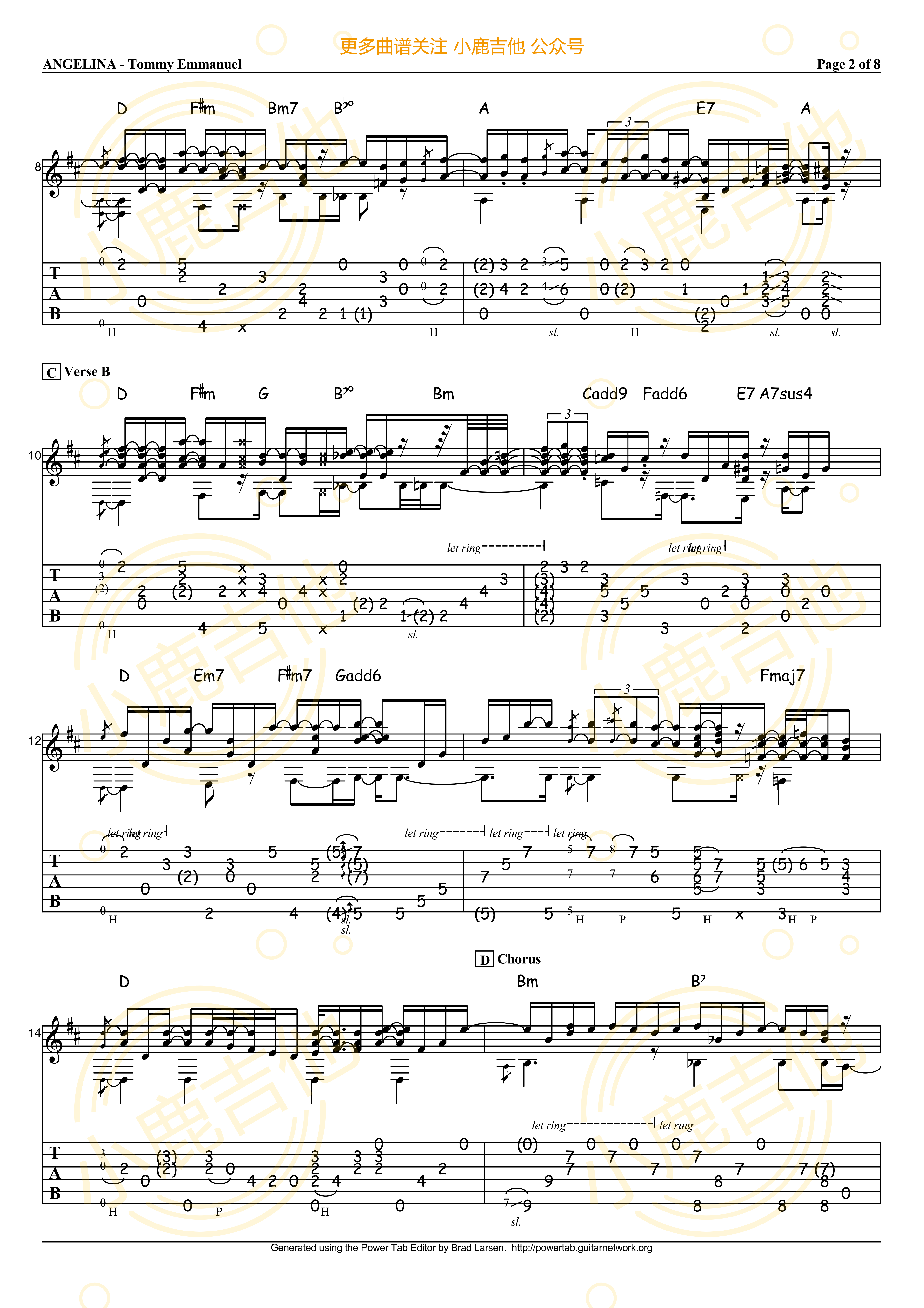 Tommy Emmanuel Angelina吉他谱A调 指弹六线谱