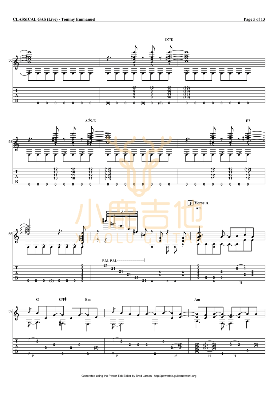 Tommy Emmanuel Classical Gas吉他谱 指弹六线谱