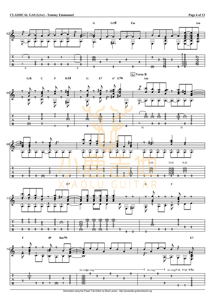 Tommy Emmanuel Classical Gas吉他谱 指弹六线谱