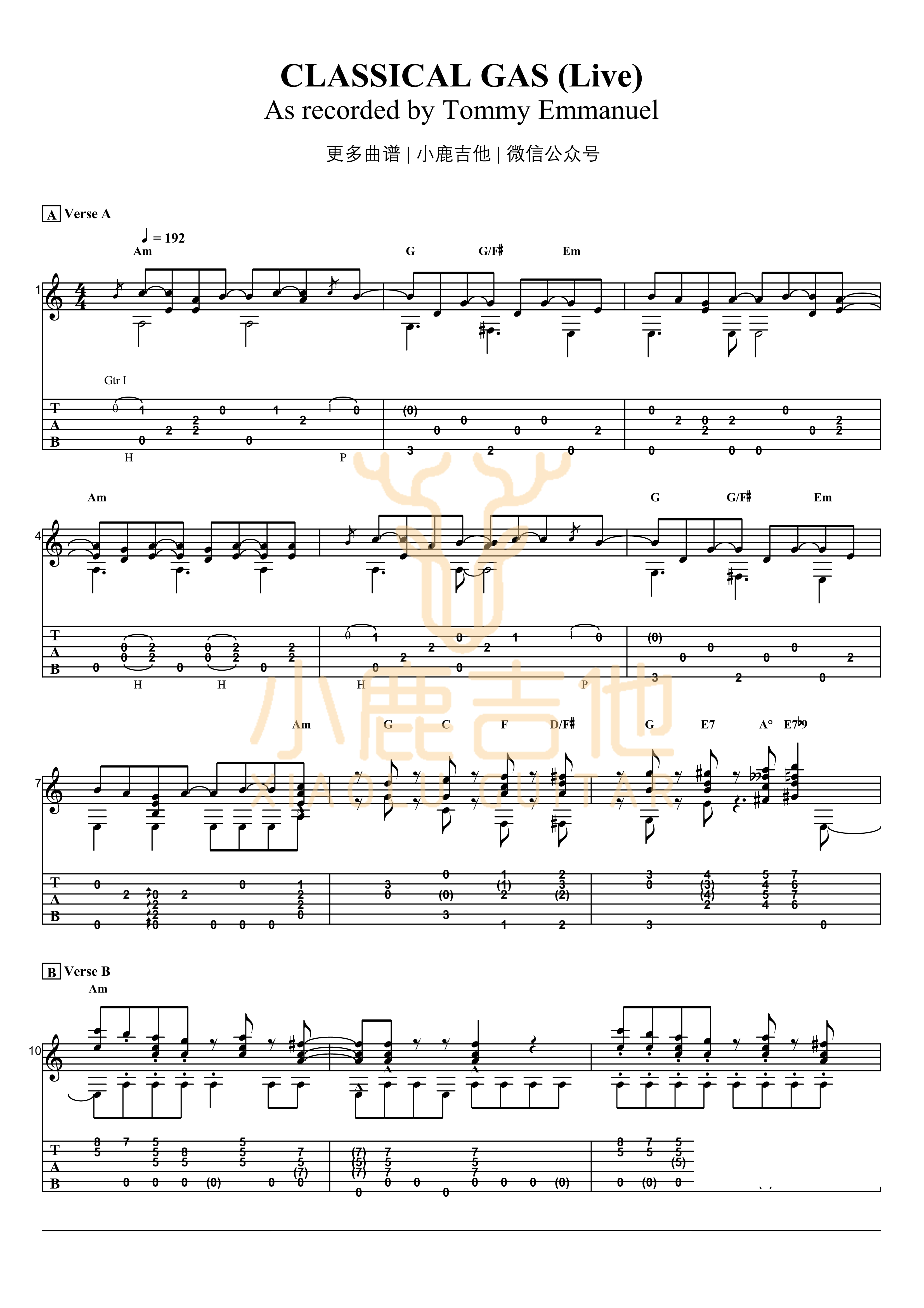 Tommy Emmanuel Classical Gas吉他谱 指弹六线谱