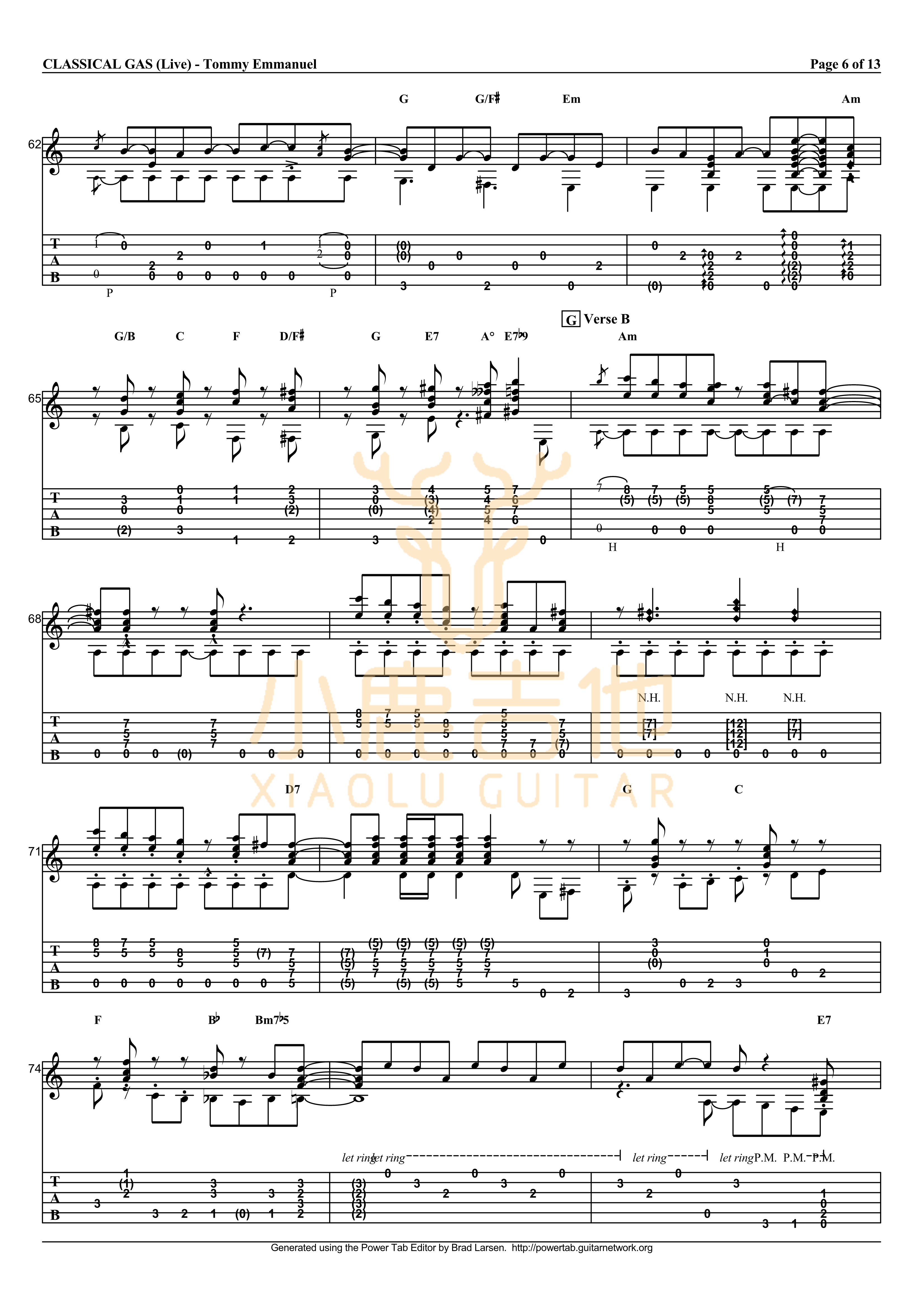 Tommy Emmanuel Classical Gas吉他谱 指弹六线谱