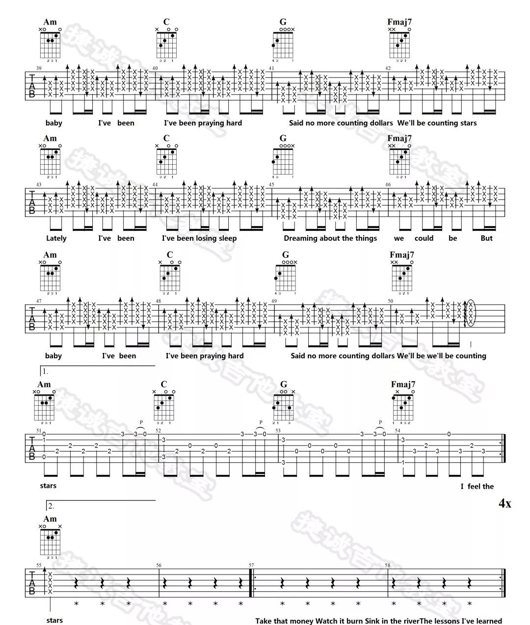 One Republic Counting-Stars吉他谱C调 弹唱六线谱