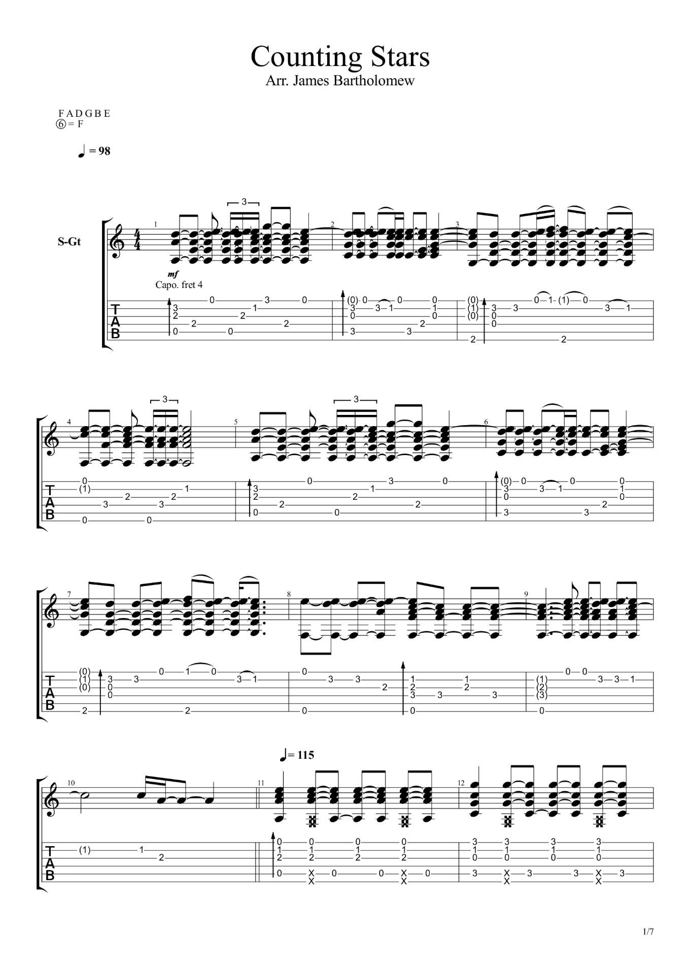 James Bartholomew Counting Stars指弹谱 F调六线谱高清版