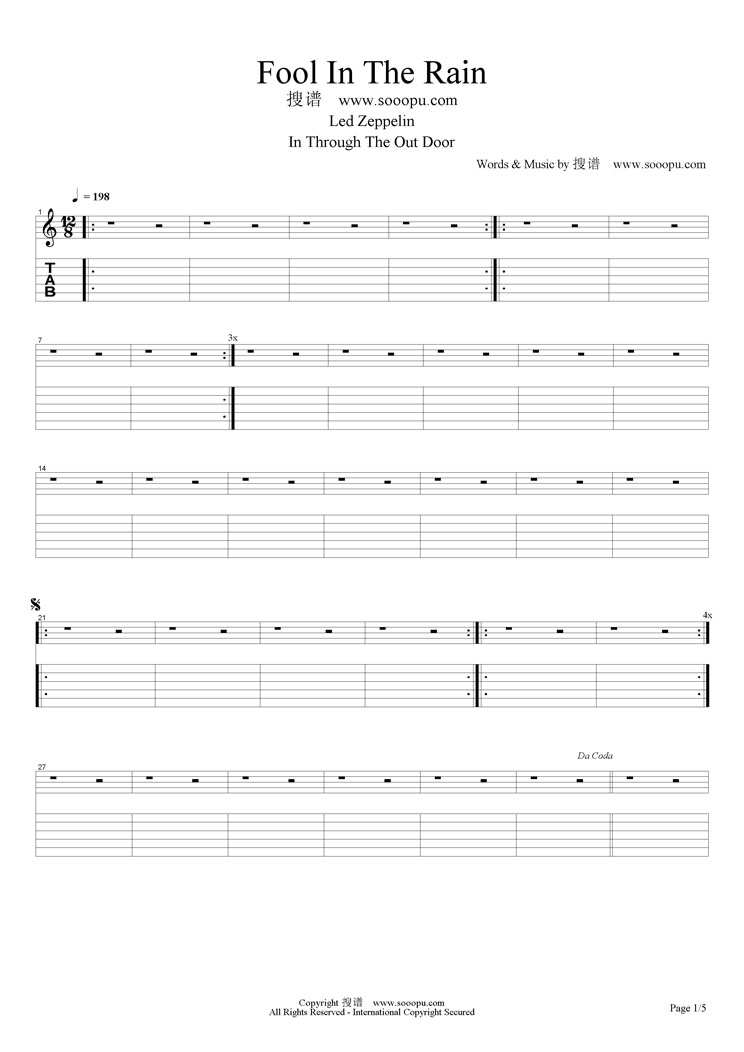 Led Zeppelin Fool In The Rain指弹谱 原调六线谱简单版