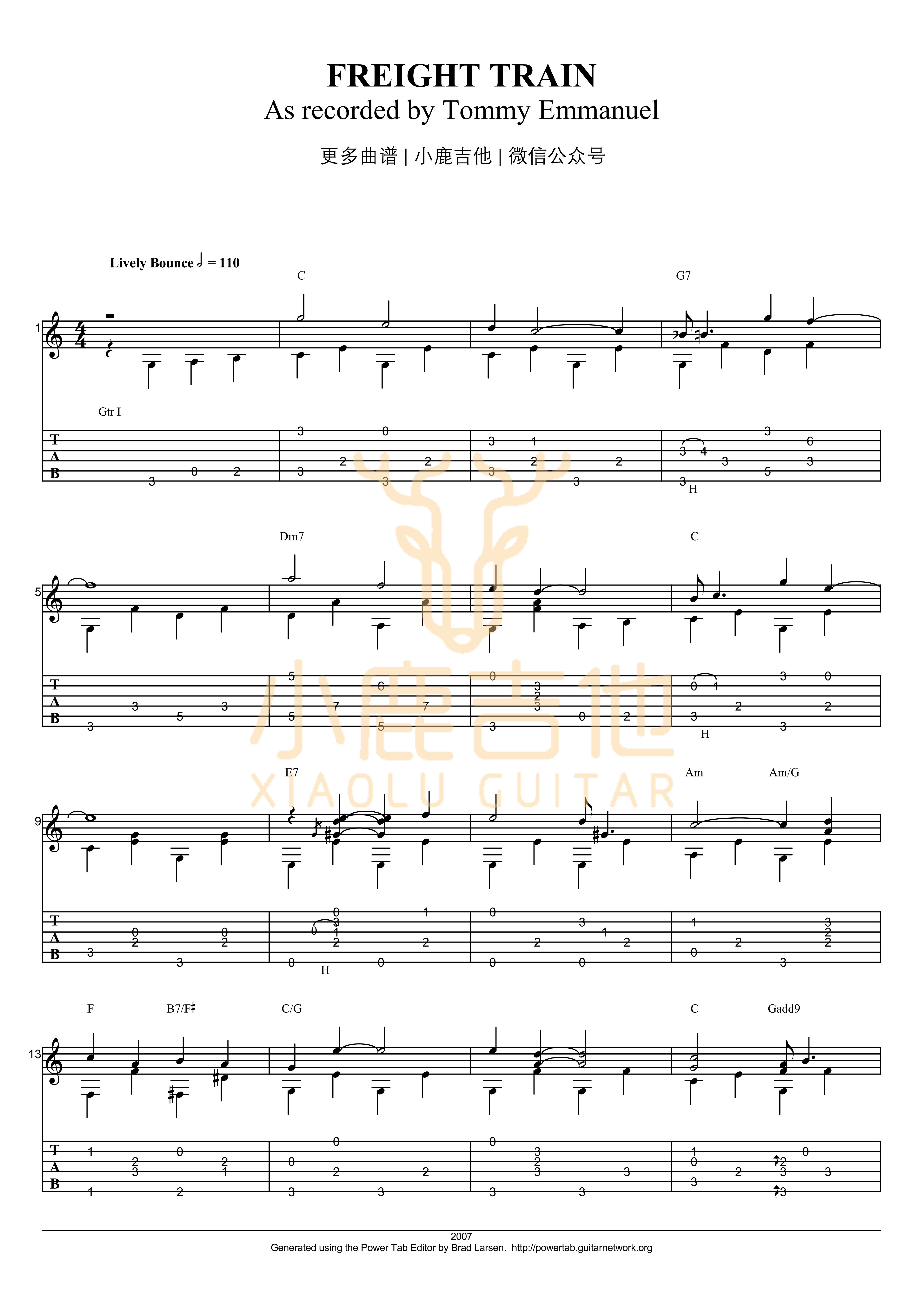 Tommy Emmanuel Freight Train吉他谱 指弹六线谱