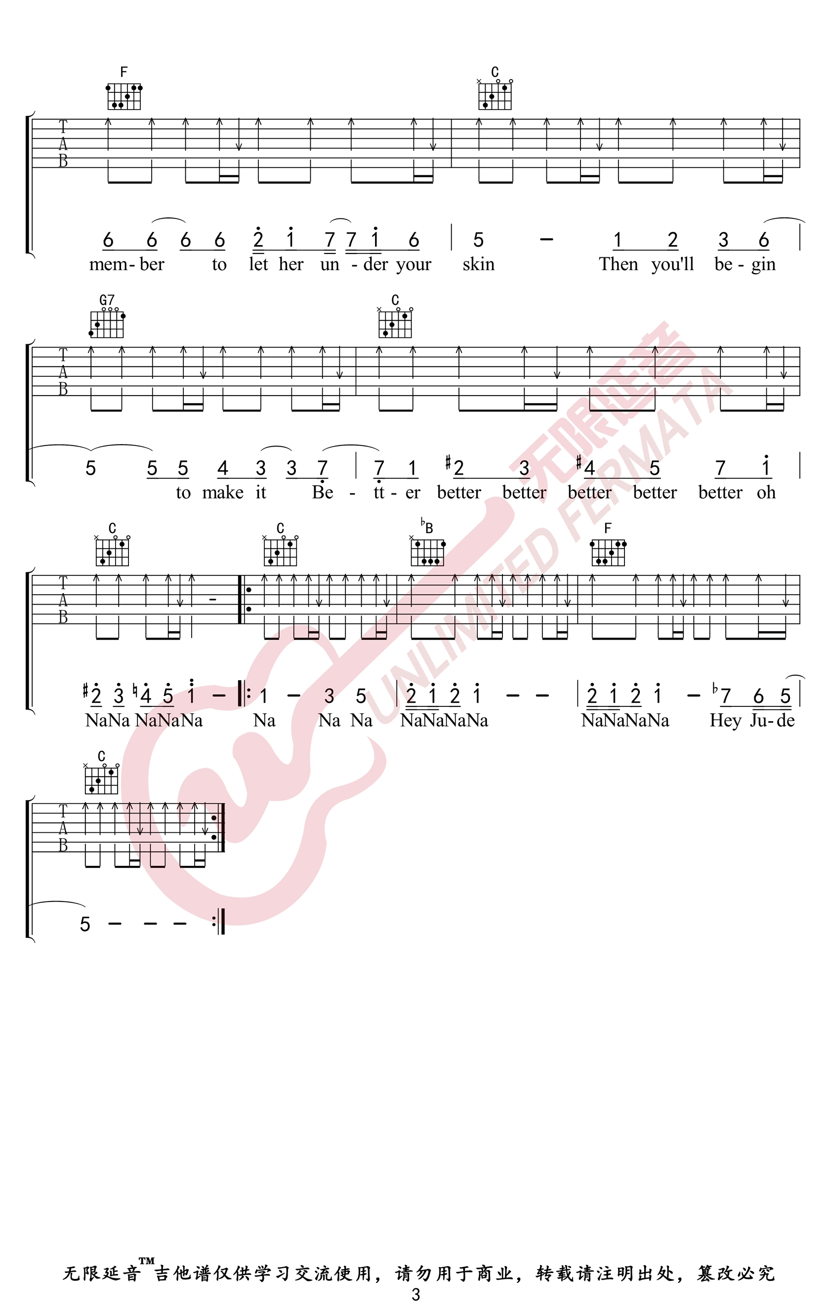 The Beatles Hey Jude吉他谱C调 弹唱六线谱