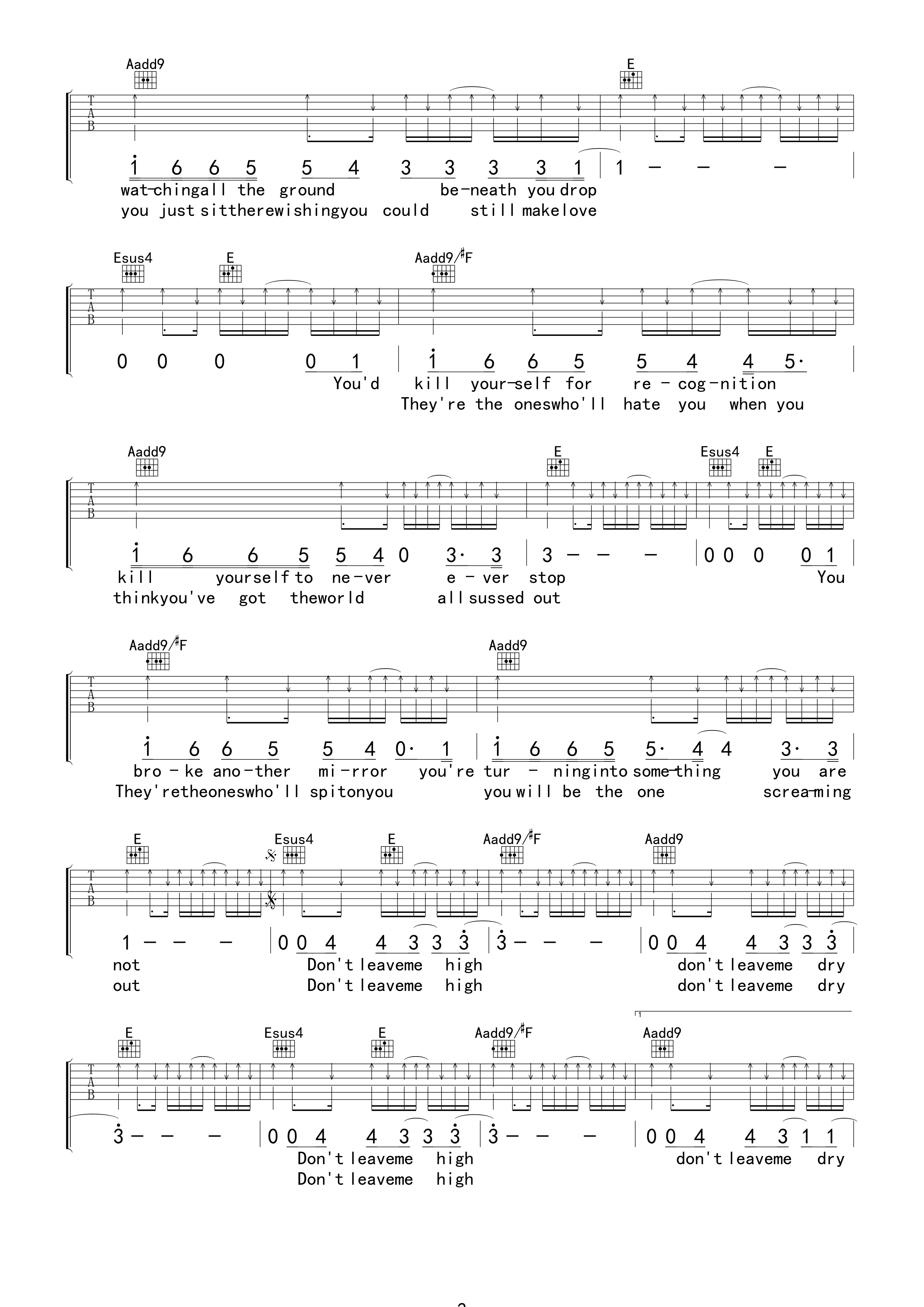 Radiohead High and Dry吉他谱E调 卢海江弹唱六线谱