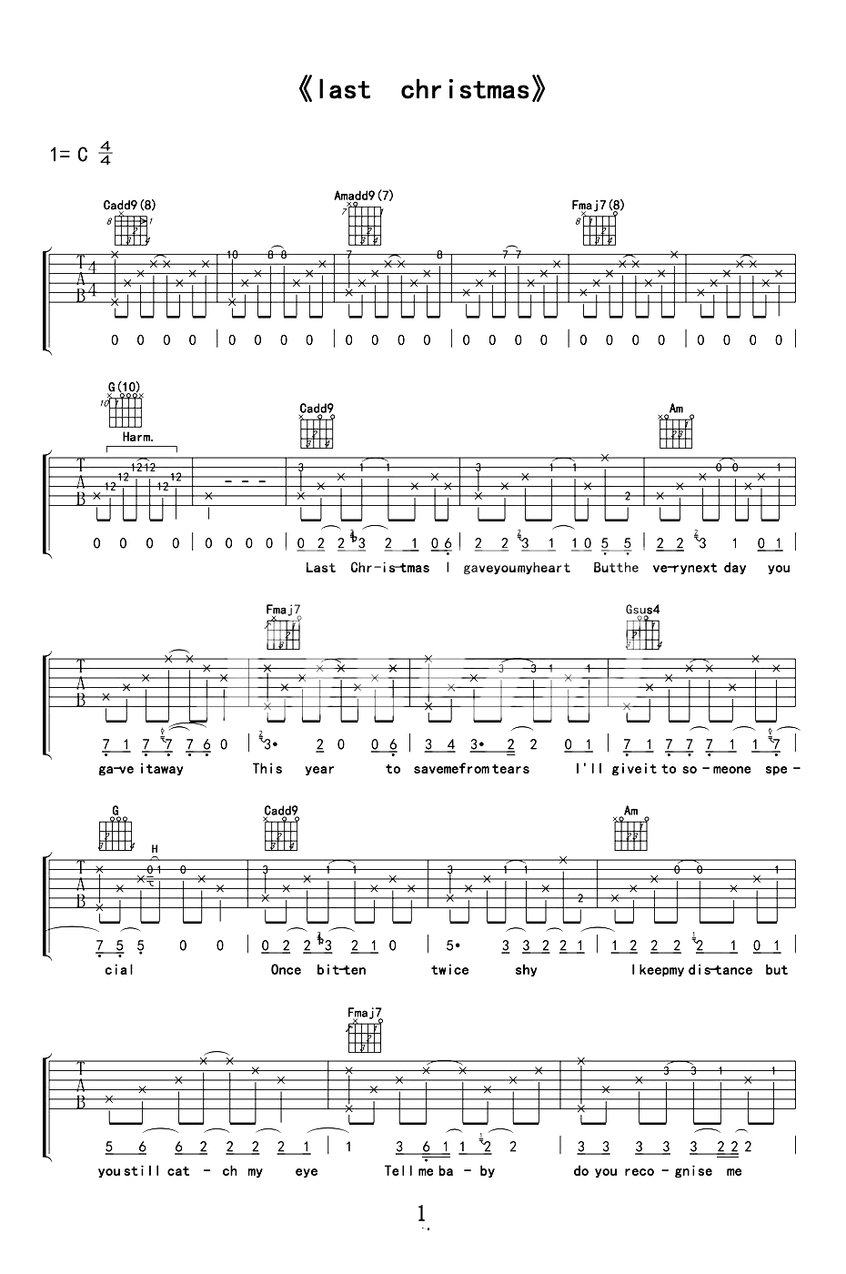 Taylor Swift Last Christmas吉他谱C调 弹唱六线谱