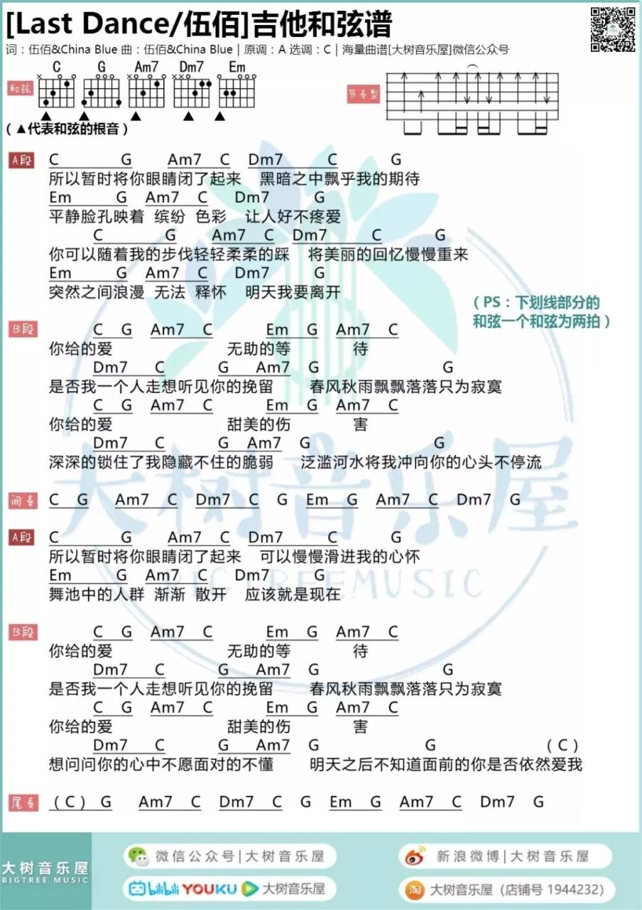 伍佰 Last Dance吉他谱C调 弹唱六线谱