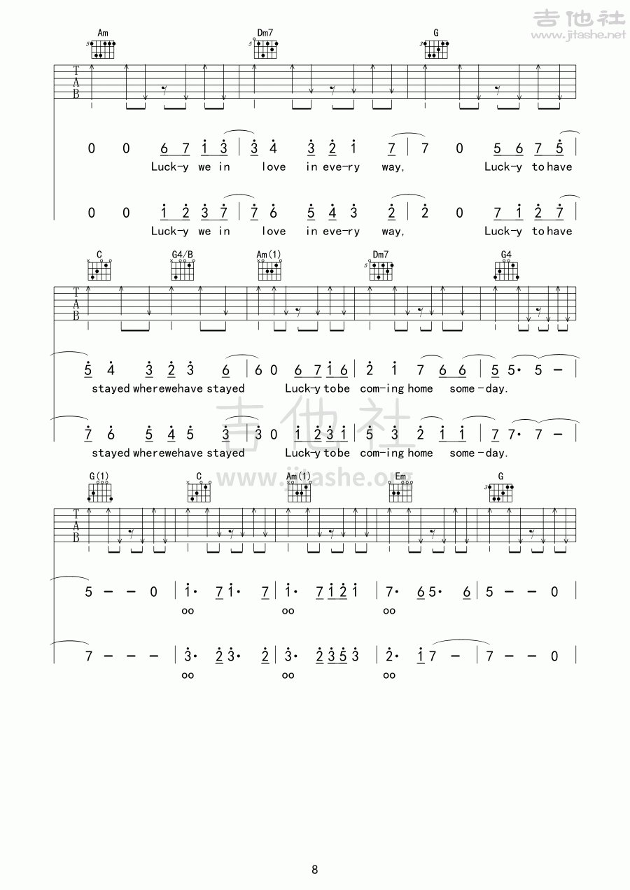 Jason Mraz Lucky吉他谱C调 弹唱六线谱