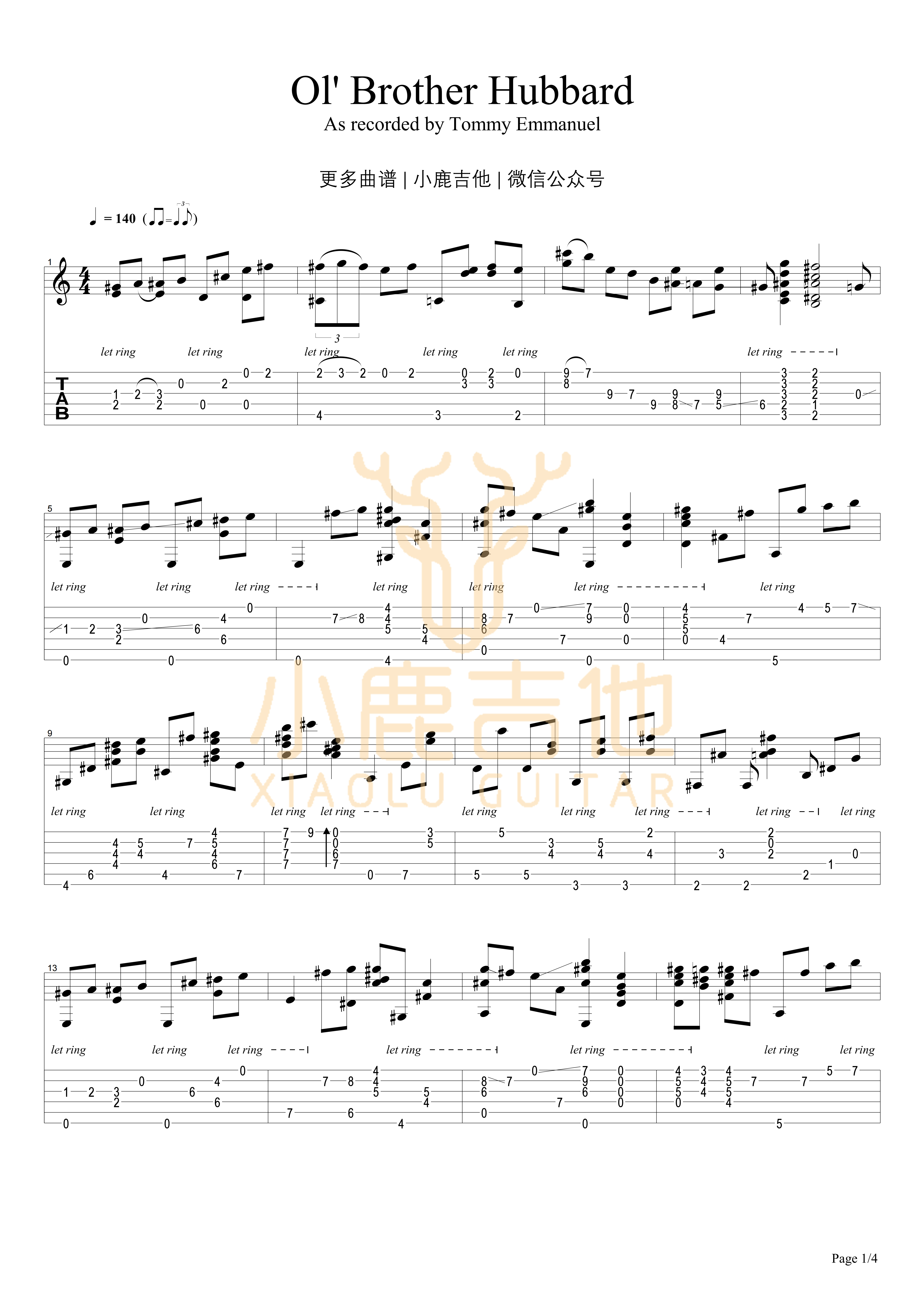 Tommy Emmanuel Ol Brother Hubbard吉他谱 指弹六线谱