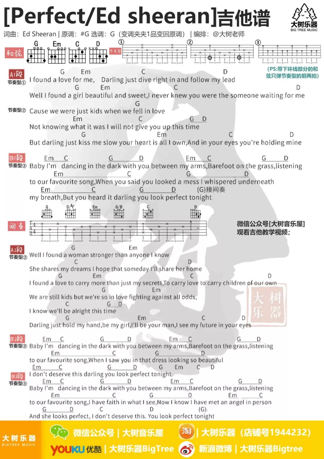 Ed Sheeran Perfect吉他谱G调 大树音乐屋弹唱六线谱