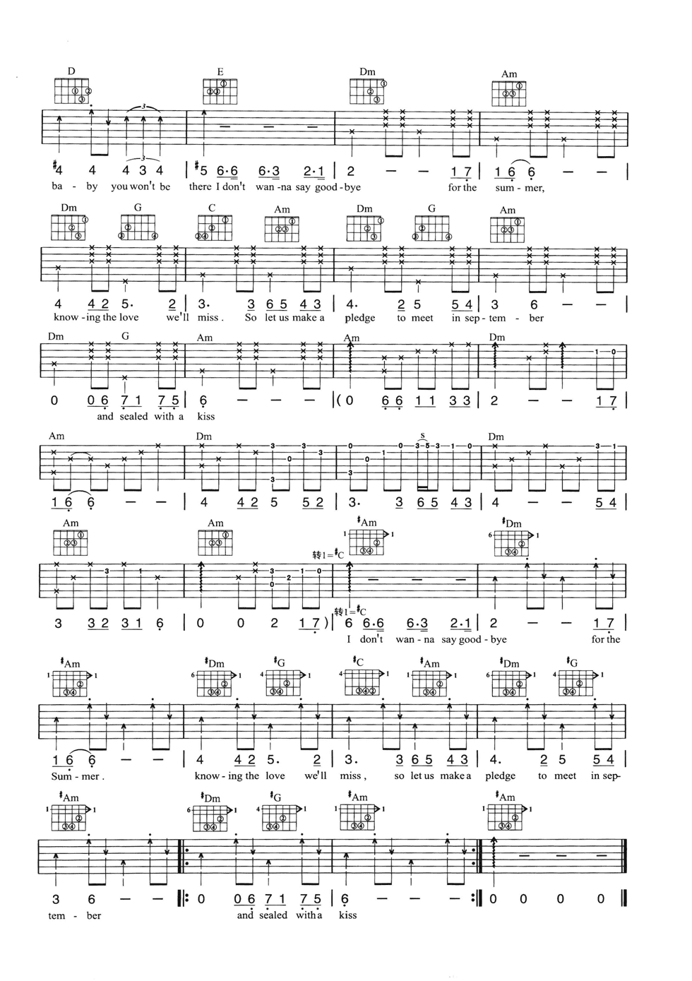 Brian Hyland Sealed with a kiss吉他谱C调 弹唱六线谱
