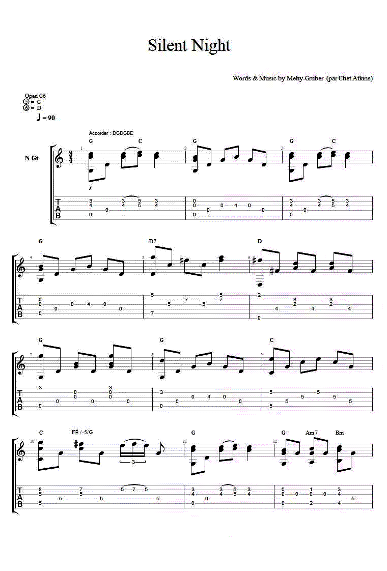 平安夜 Silent Night吉他谱 指弹六线谱