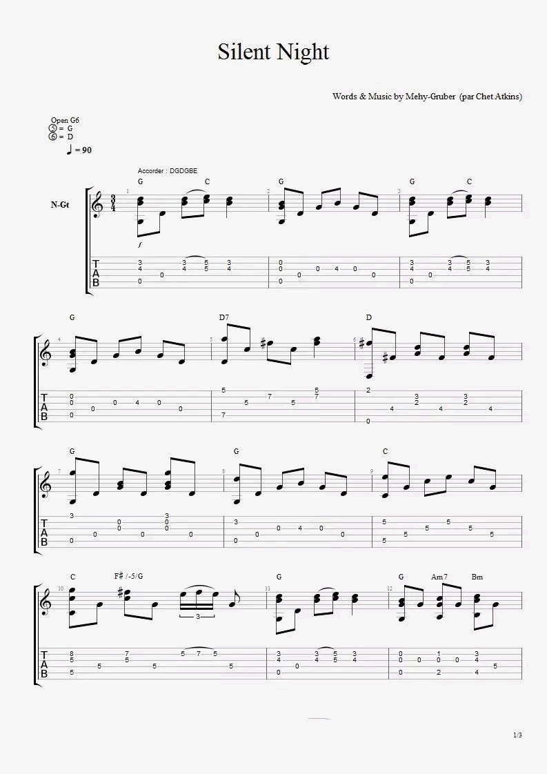 圣诞歌曲 Silent Night吉他谱 指弹六线谱