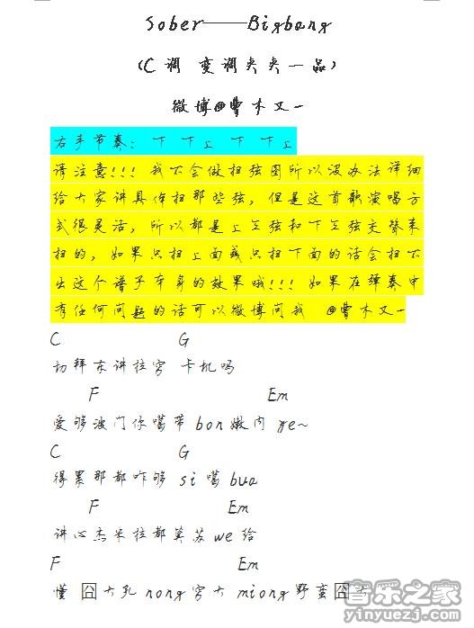 BIGBANG Sober吉他谱C调 弹唱六线谱