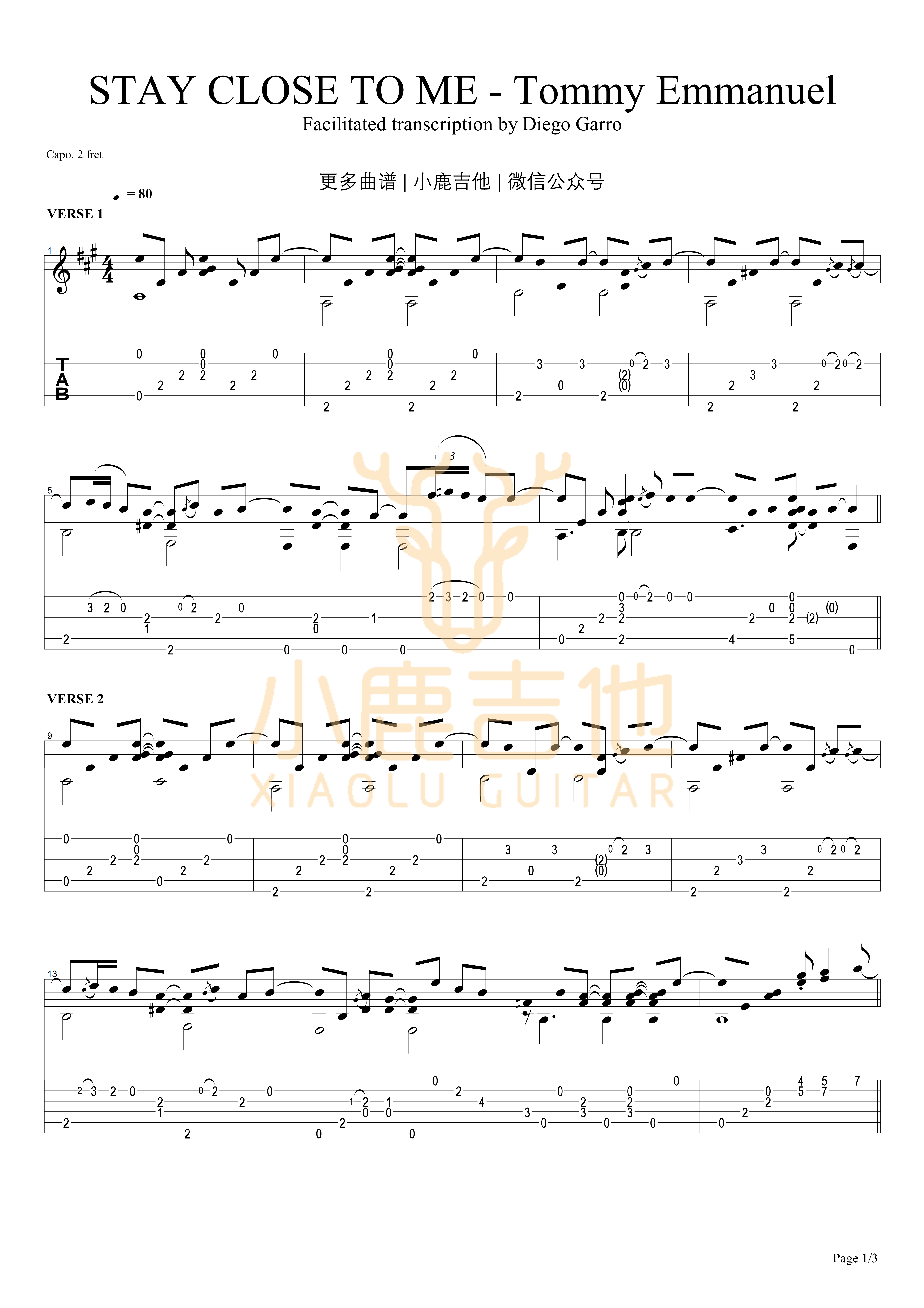 Tommy Emmanuel Stay Close To Me吉他谱 指弹六线谱