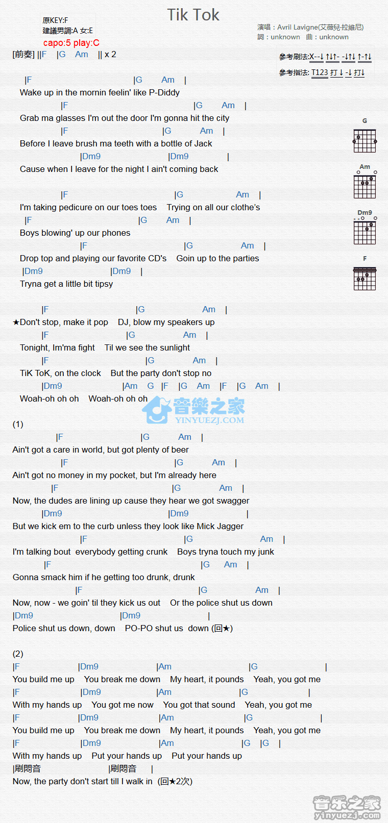 艾薇儿 TIK TOK吉他谱C调 音乐之家弹唱六线谱